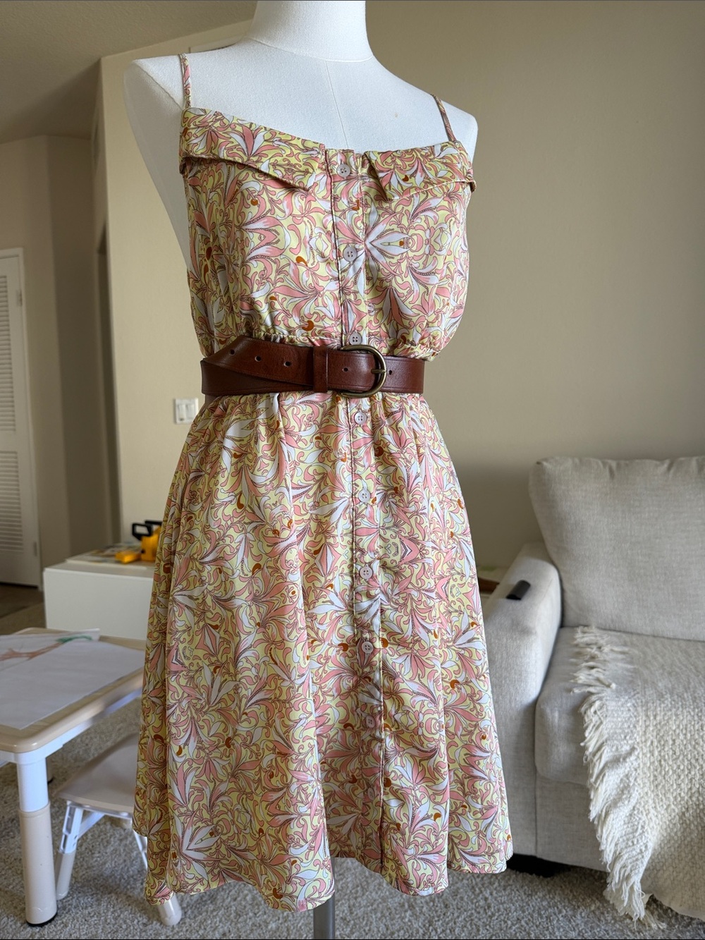 FARM Rio 100% Silk Spaghetti-Strap Mini Dress in Pink and Yellow Paisley